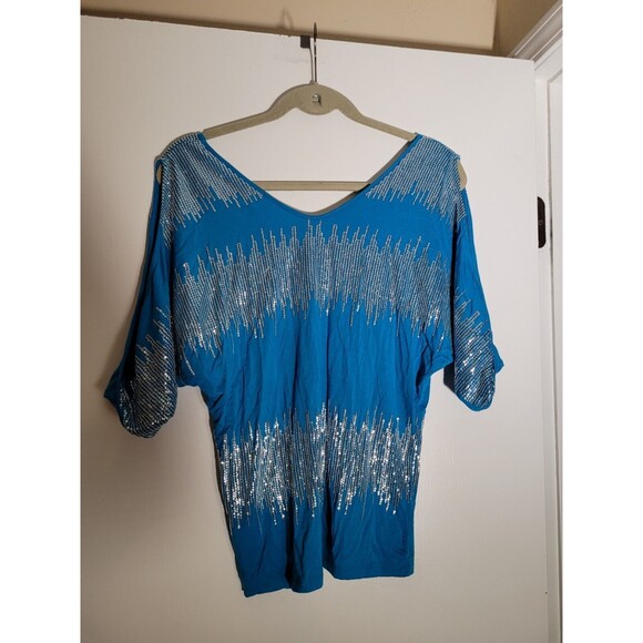 Vintage Y2K 00s Bebe Small S Teal Sequin Embellished Bling Cold Shoulder Top - Picture 6 of 8